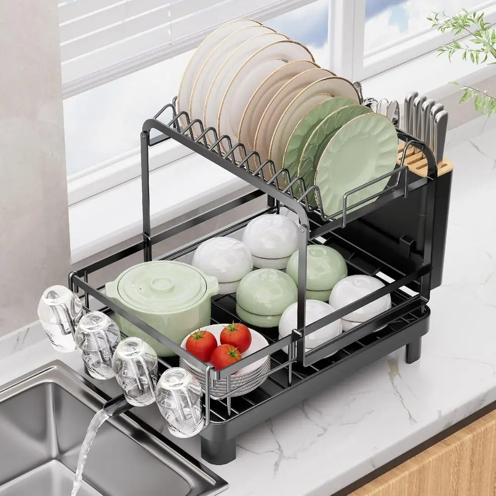 

Двухуровневая сушилка для посуды, большая, с поддоном для слива, съемная, 4-в-1, большой вместимости, для установки над раковиной, антикоррозийная, или комплект.