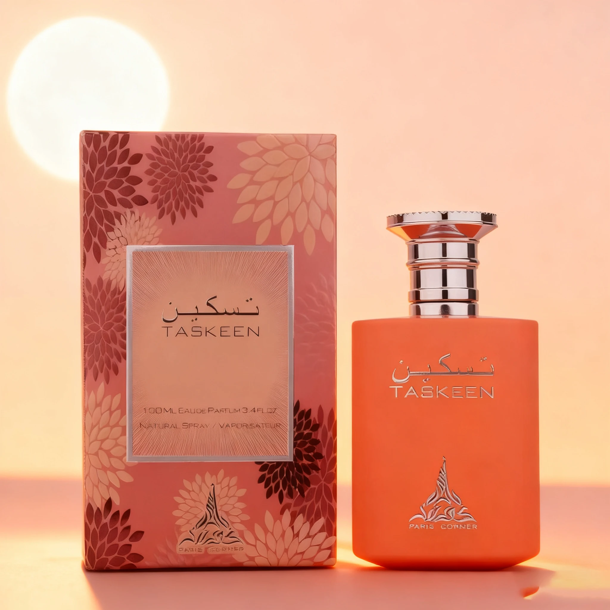 رذاذ عطر Taskeen 3.38oz جسم زجاجة برتقالية بلوري، غطاء زجاجة فضي، جو بسيط، عطر نسائي يدوم طويلاً