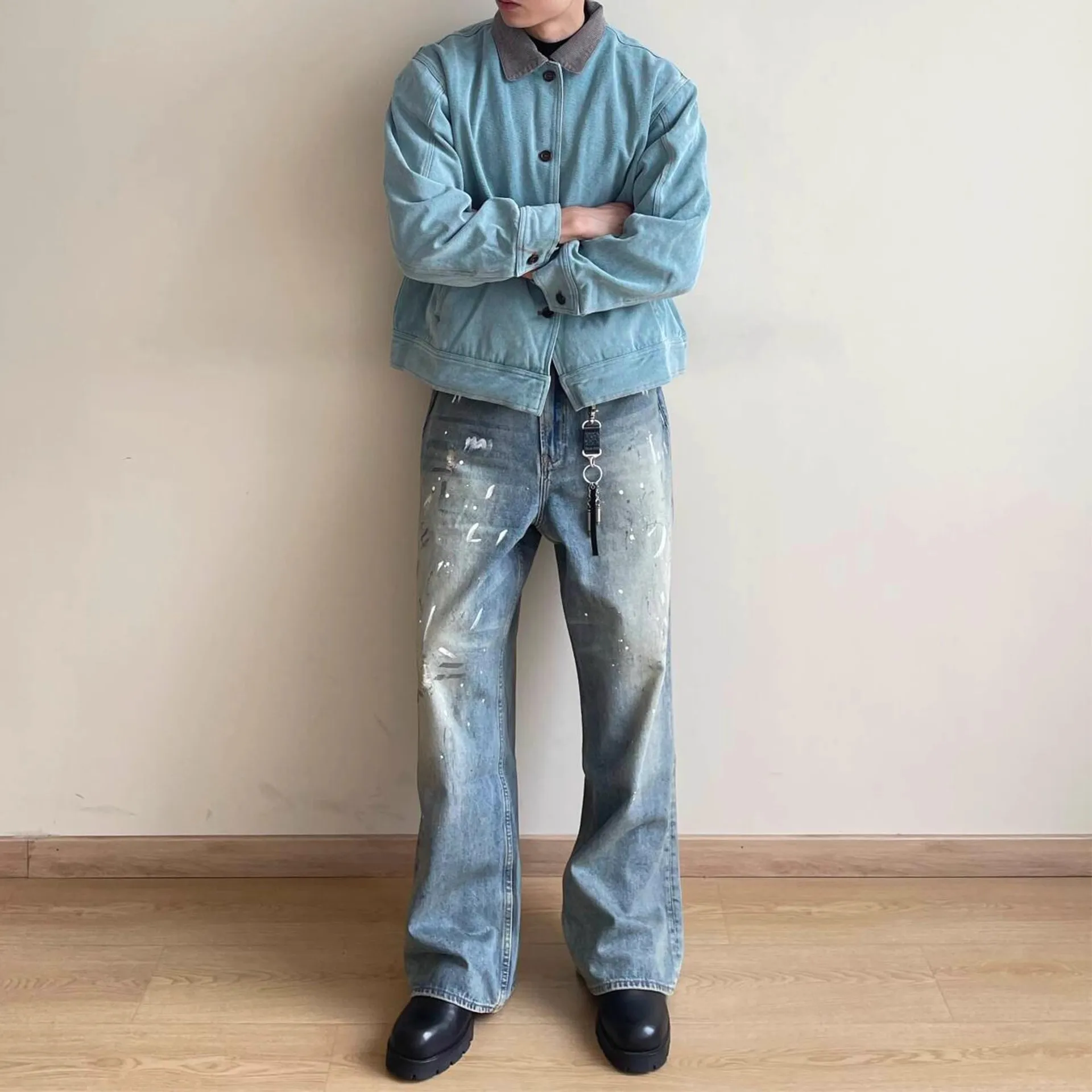 

Винтажные американские джинсы в стиле High Street с широкими штанинами, эффектом разбрызгивания чернил и старинным дизайном.