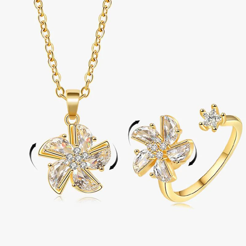 Rotating Zircon Windmill Necklace Ring for Female Birthday Gift Personalized High End Open Size Ring Fashion Jewelry Set KOFSAC