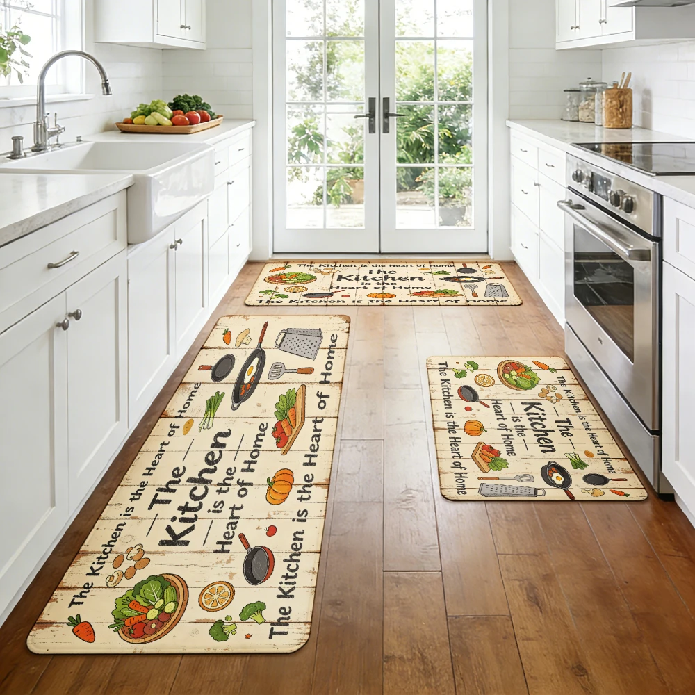 White Worn Wood Veggie Pot Kitchen Runner Mat Anti Slip Absorbent Rug Kitchen Is Home Heart Print Carpet Bath Cooking Laundry