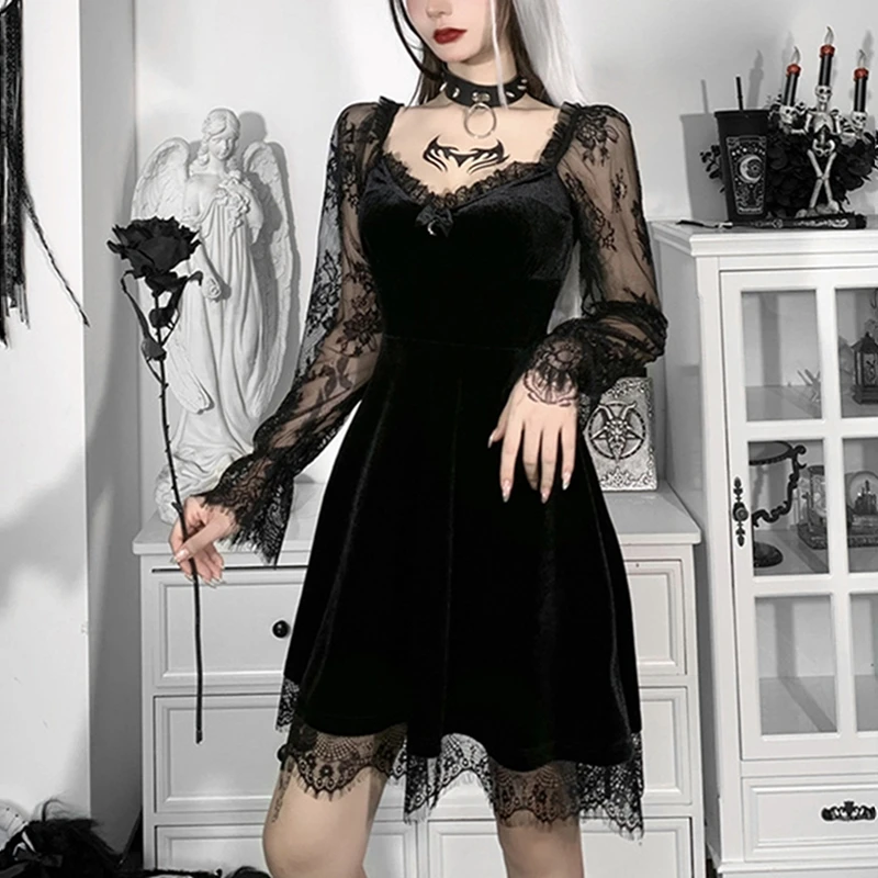 E-girl Grunge Gothic Black Mini Dress Lace Trim High Waist Bodycon Dress Y2K Women 90s Vintage Punk Harajuku Lolita Clothes