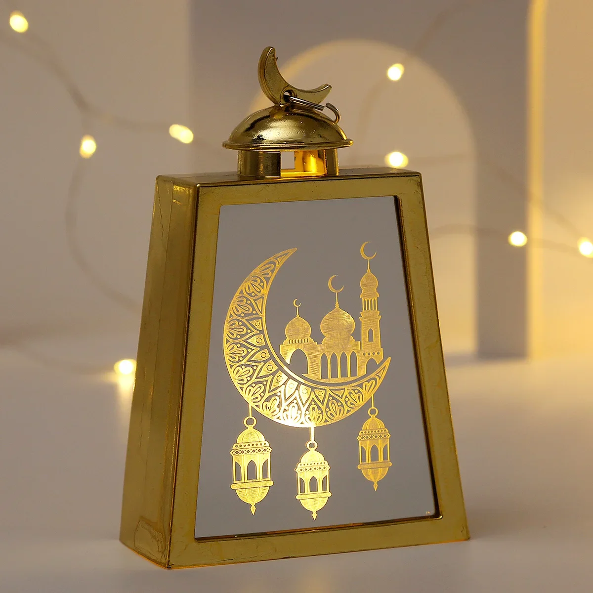 Ramadan led lanterna luzes eid mubarak presentes trapézio plástico decorações de vidro para casa mesa parede eid peças centrais decoração