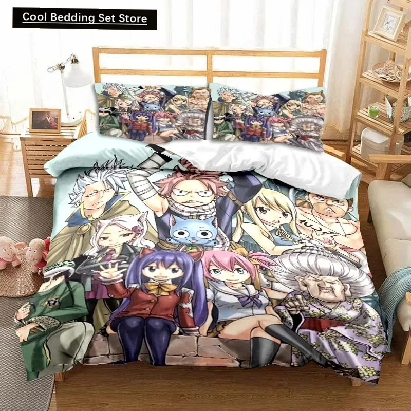 3D Anime Fairy Tail Bedding Set Bed Three-piece Set Duvet Cover Single Double Bed Queen Size Duvet Cover Set Adult Kid's Bedroom