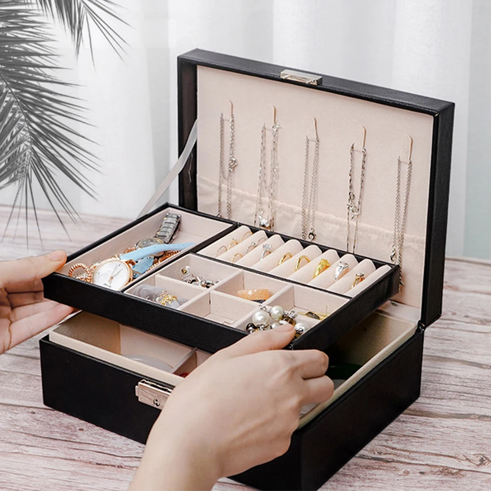 Double-layer Jewelry Box Ring Box Necklace Earring Boxes Packaging with PU Leather Jewelry Storage Organizer Home and Travel