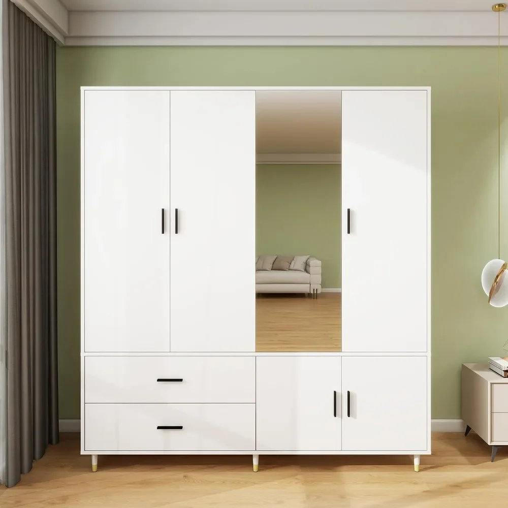 

Armoire Wardrobe Closet White Bedroom Armoire with 4 Doors, 2 Drawers, Hanging Rod, Mirror and Clothes Large Storage Cabinet