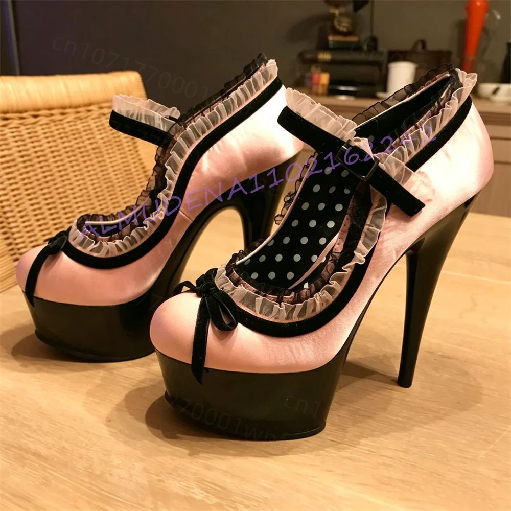 Women Mary Jane High Heels Platform Stiletto Pumps Round Toe Bow Detail Polka Dot Contrast Color Party Shoes Vintage Style 46