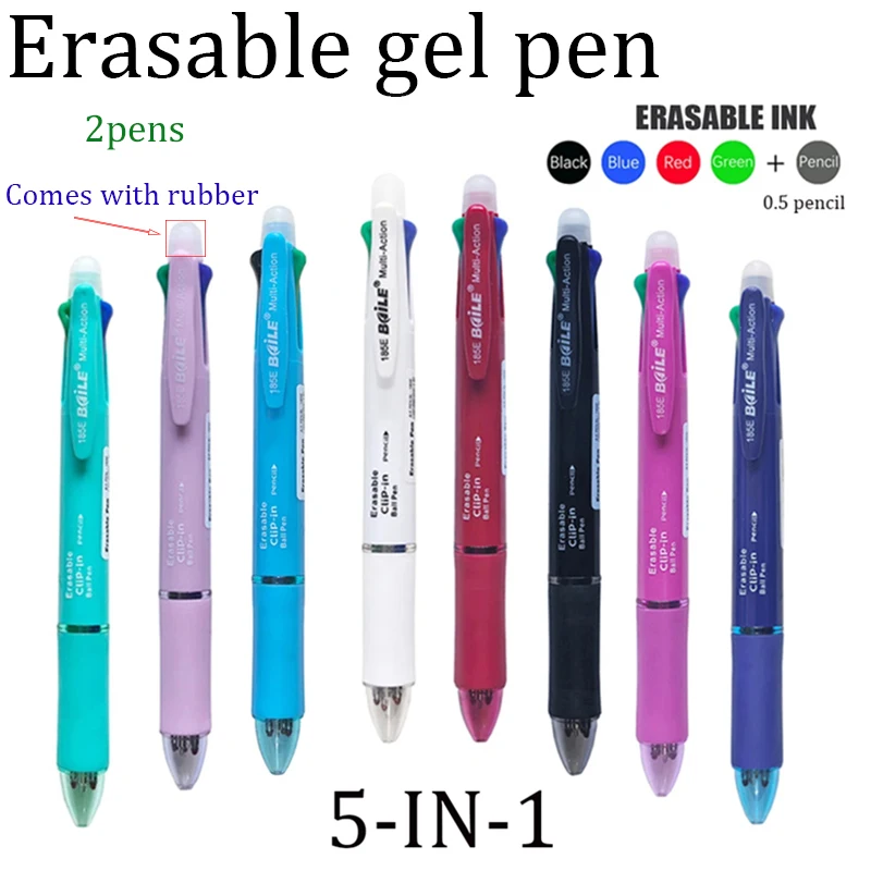 2 Stück Kreativer 5-in-1 Radierbarer Gelstift 0,7mm Blau Schwarz Rot Grün Magische Nachfüllungen 0,5mm Druckbleistift Schreib- und Malutensilien