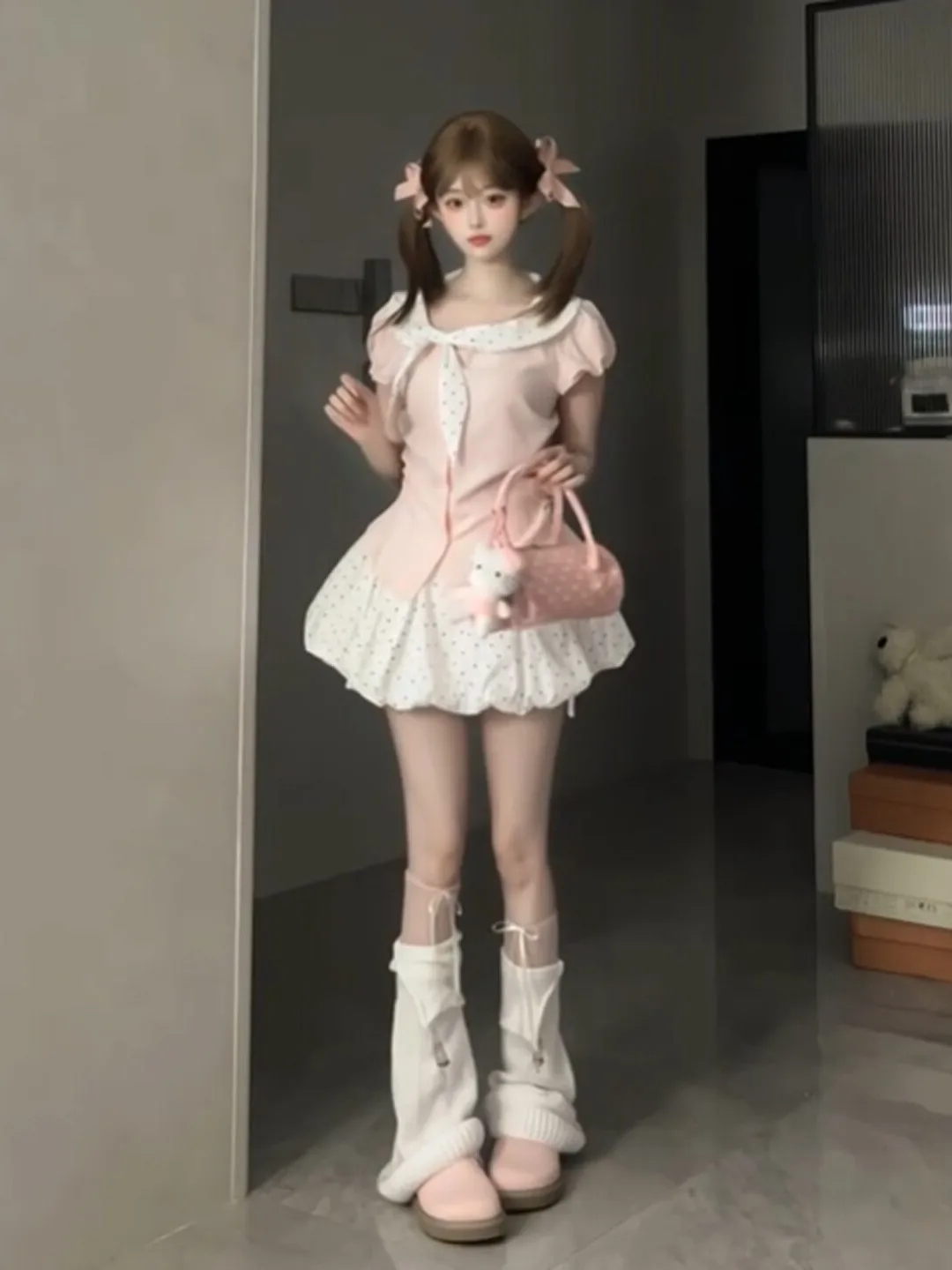 

Summer Beautiful Sweet Korean Style Soft Pink Short Skirt Two-Piece Set Comfortable Bubble Sleeve T-Shirt Floral Print Design