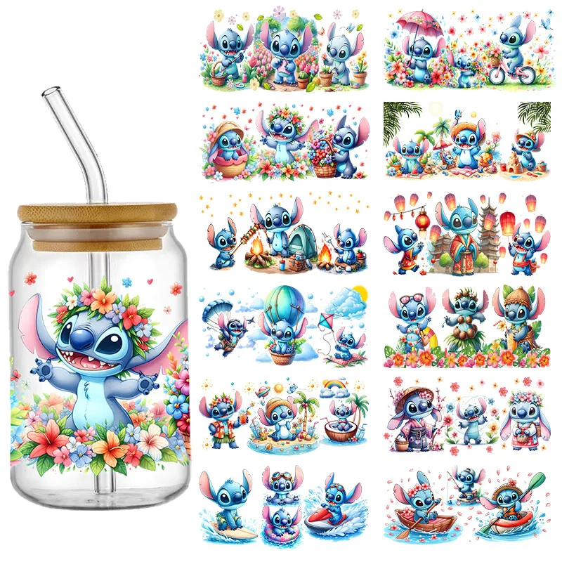 Disney Stitch-pegatina UV DTF de cristal de 16oz, pegatina de transferencia personalizada para envolver tazas, etiqueta personalizada con logotipo,