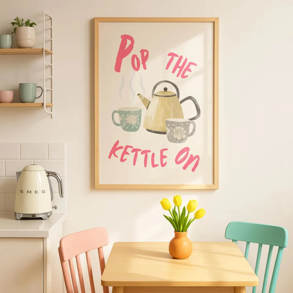 1pc, Wall Art, Vintage Poster, Pop The Kettle On Print, Tea Poster Barista Coffee Cafe Print, Aesthetic Poster Kitchen Artwor
