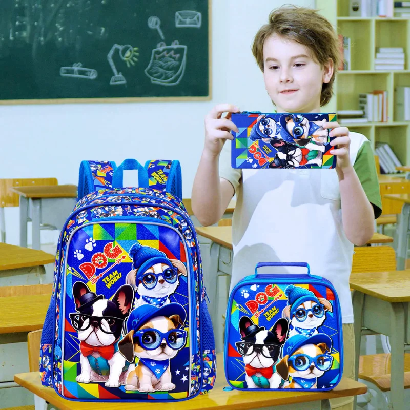 حقيبة ظهر للأولاد مكونة من 3 قطع، حقيبة كتب للأطفال مقاومة للماء مع صندوق غداء، حقائب ظهر لمرحلة ما قبل المدرسة مقاس 16 بوصة للأطفال الابتدائية - 3 * كلب أزرق