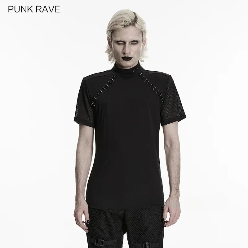 PUNK RAVE Men's Dark Punk Soft Knitted & Mesh Breathability T-shirt Functionality Simple Style Top Summer Streetwear Harajuku