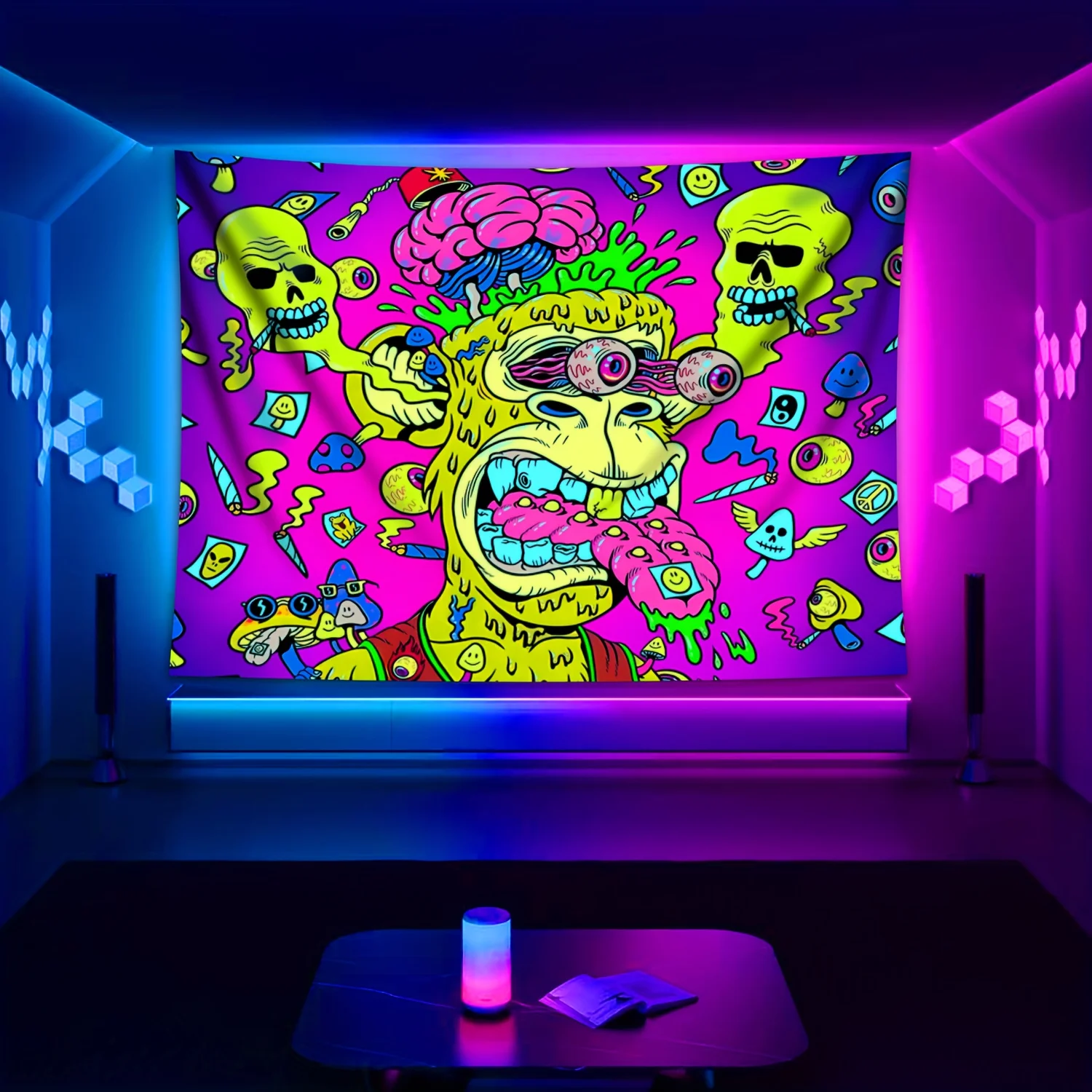 VIKAMA Psychedelic Cartoon Tapisserie Gehirn Affe Schädel Muster Spiel Zimmer Hintergrund Wand Musik Party Zimmer Trendy Dekor