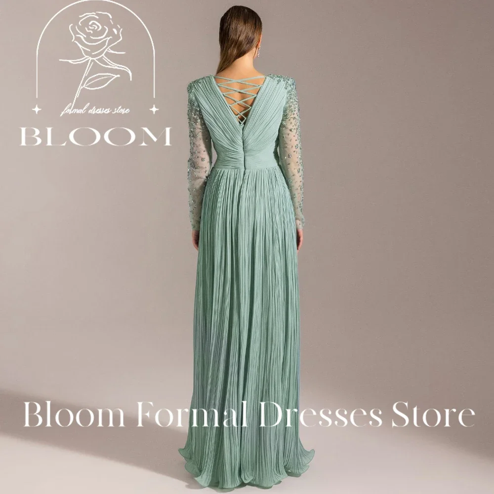 ブルームカスタマイズされた V ネック長袖ビーズプリーツロングイブニングドレスエレガントなフォーマルガウンスタイリッシュでユニークなグラマラス魅力的