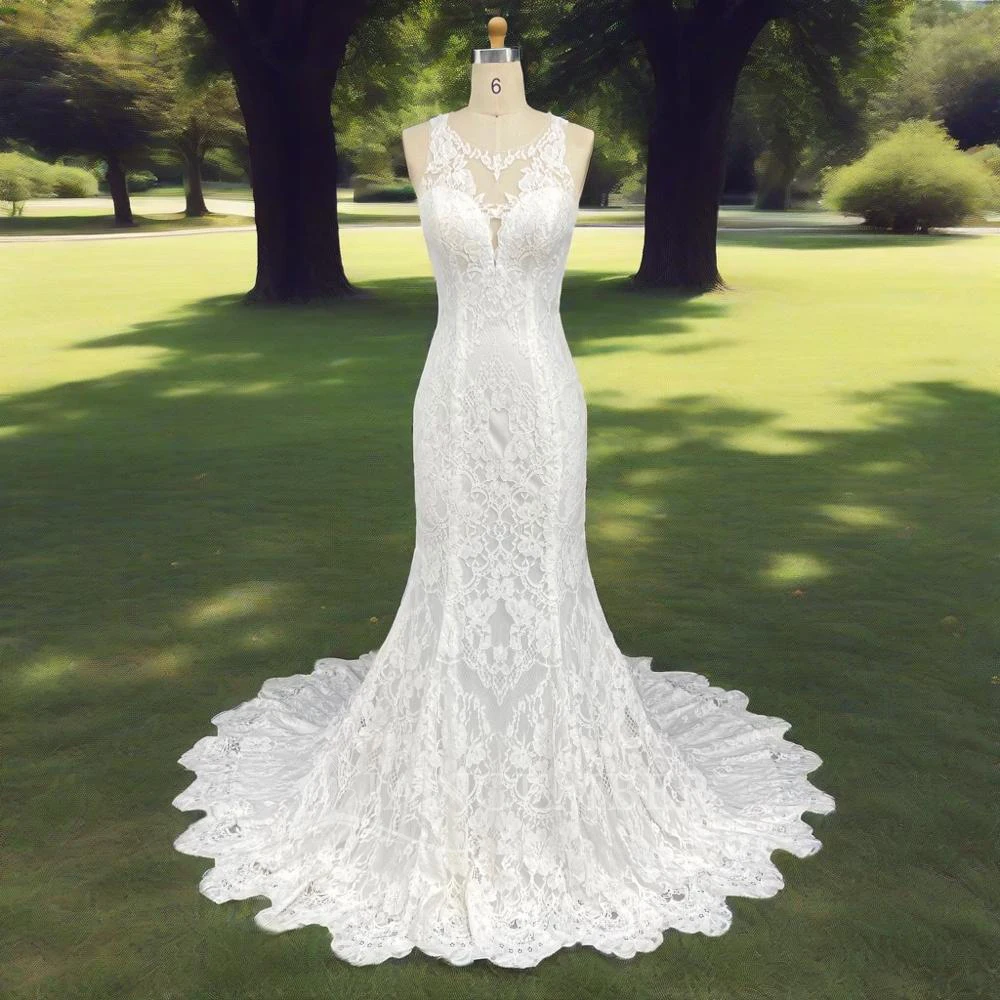 

Elegant Wedding Dress For Women O-Neck Sleeveless Lace Customized Vestidos De Novia With sunback dres Sweep Train Custom Made