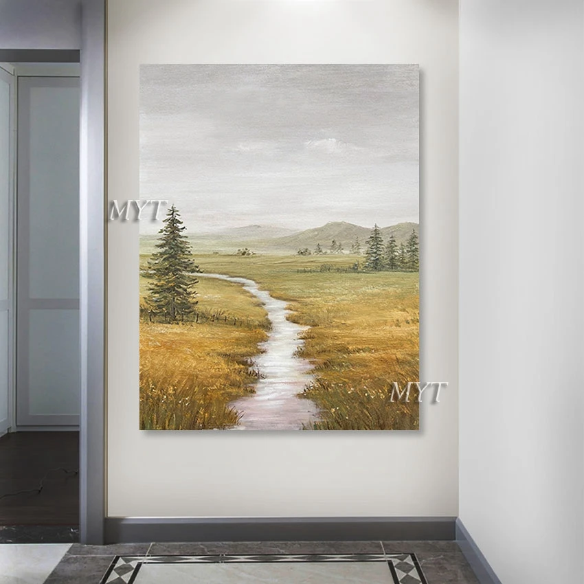 Abstract Natural Scenery Oil Painting, 100% Hand-painted Artwork, Canvas Art, Grassland Streams, Wall Picture, Office Decor