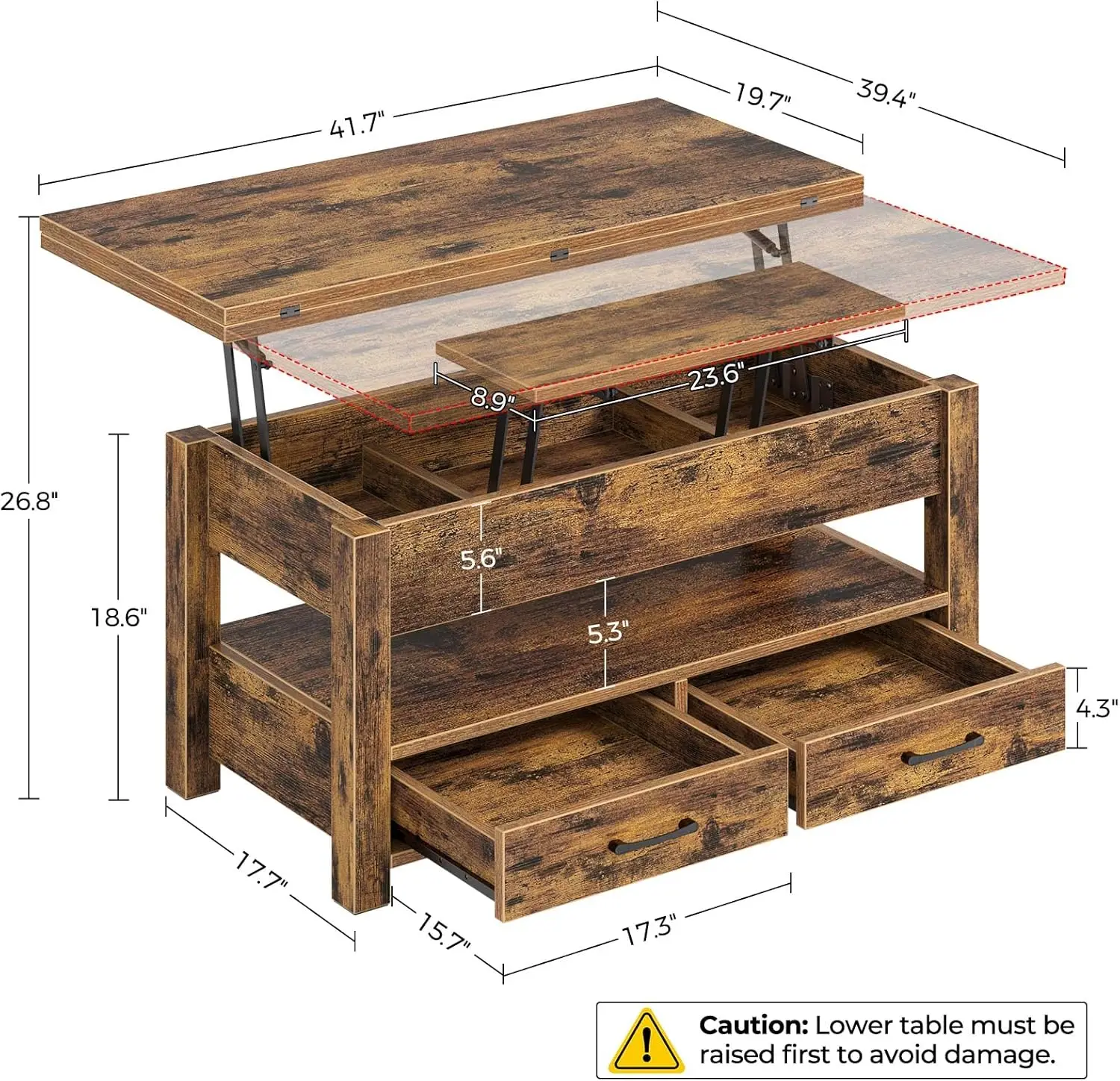 Plateau élévateur de table basse, wers de proximité convertibles multifonctions et GNE, table à manger pour salon, bureau à domicile, marron rustique