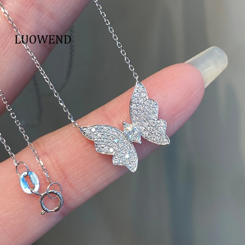 

LUOWEND 18K White Gold Necklace Romantic Butterfly Shape 0.37carat Real Natural Diamond Pendant Necklace for Women Birthday Gift