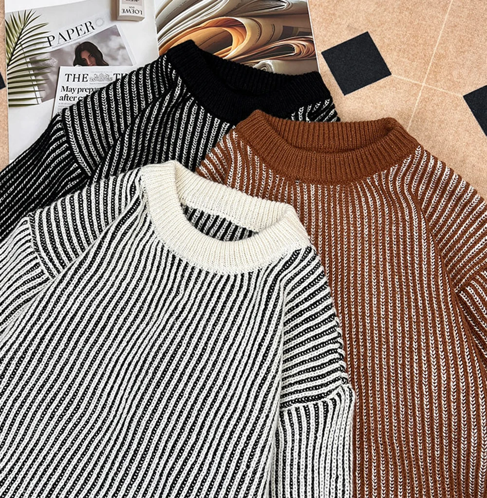 

Japanese Style Striped Knitted Crew Neck Sweater Men's Autumn Loose Soft Thickened Knitwear Fashion Retro Pullover Cardigan Tops