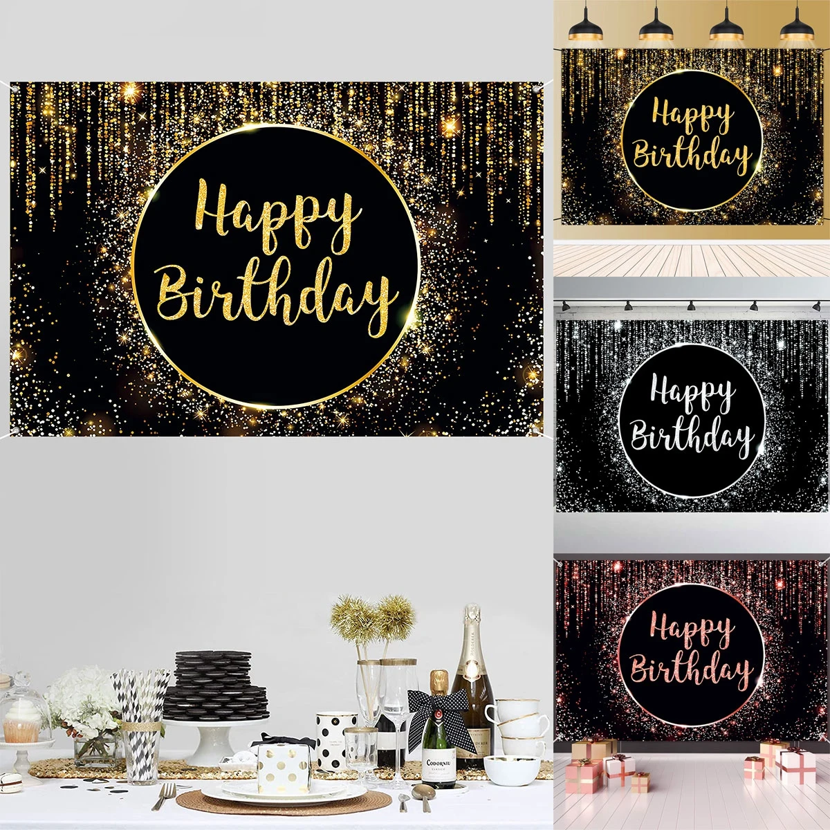 1PC 1m * 1.5m Gold Rose Silver Diamond Happy Birthday Background Cloth Birthday Party Wedding Decor Photography Scene Layout