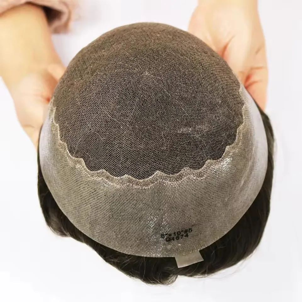 1B65# 1b80 Grey Brown Q6 Breathable Swiss Lace Front &PU Human Hair Mens Toupee Bleach Knots Male Hair Wig Replacement Prosthesi