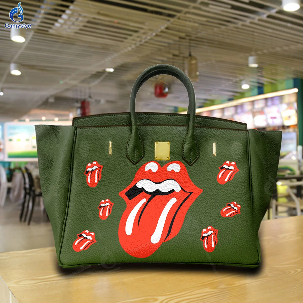 Printed Customize Art Red lips and tongue Bags 100% Genuine Leather For women Handbags Designer Shoulder Bag Gold Lock Hardware