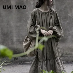 UMI MAO Spring Autumn Dress Elegant Harajuku Lantern Sleeves Loose Slim Colored Robe Cotton Hemp Art Drawstring Neck Dress