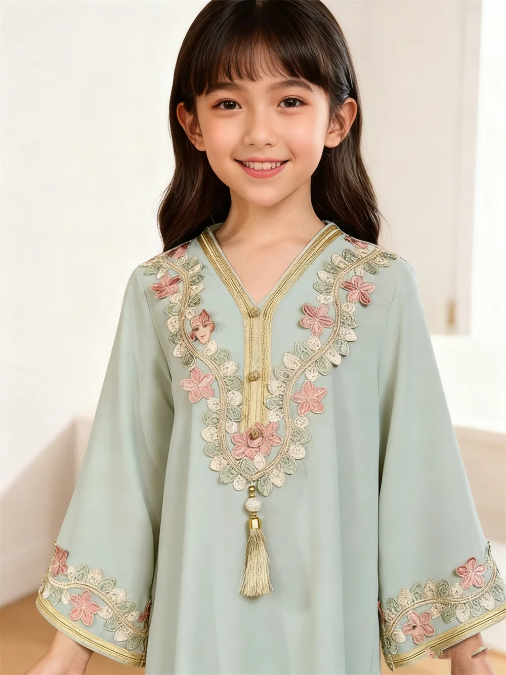 Ramadan muçulmano meninas vestido applique crianças robe árabe vestidos de festa dubai abaya turquia kaftan djellaba jalabiya oriente médio