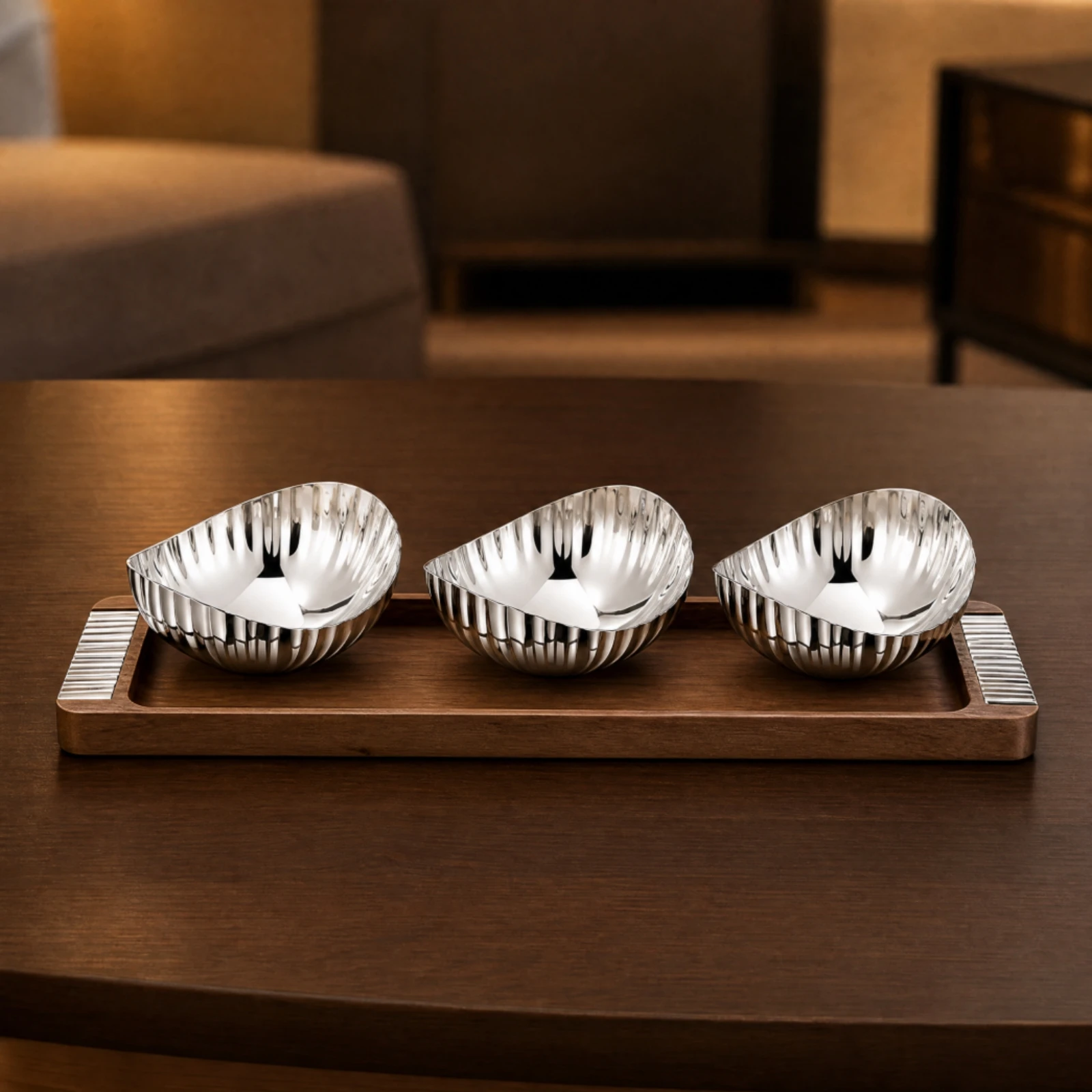 Ensemble de 3 bols de service avec plateau, bols de service réutilisables en acier inoxydable avec plateau en bois, vaisselle peu encombrante et résistante à la rouille.