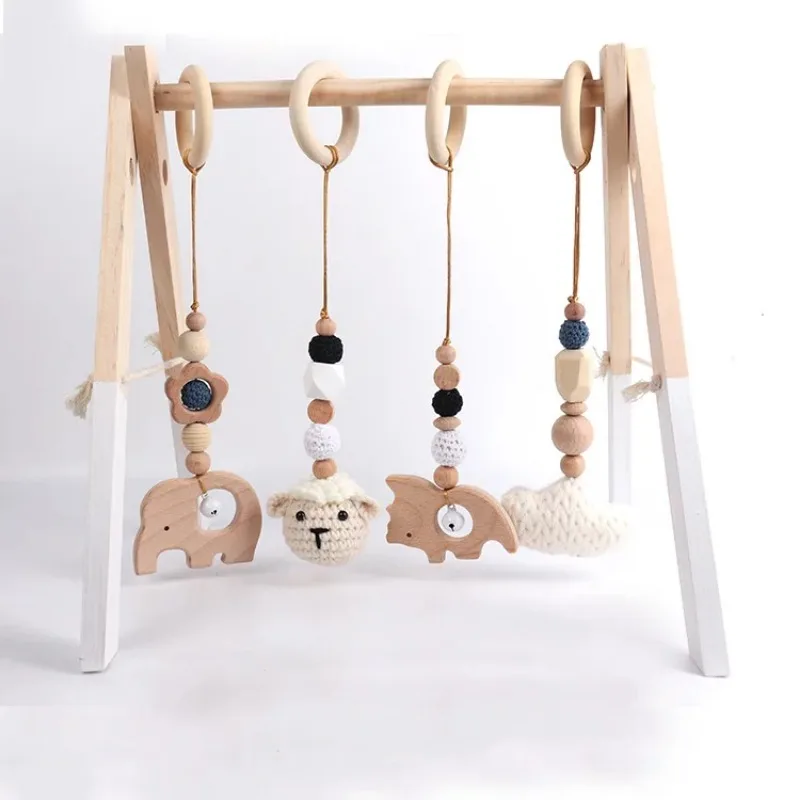 4Pcs Baby Crib Toys Wood Hanging Rattle Toys Newborn Car Seats Stroller Hanging Rattle Toys Baby Crib Toys Infant Car Activity