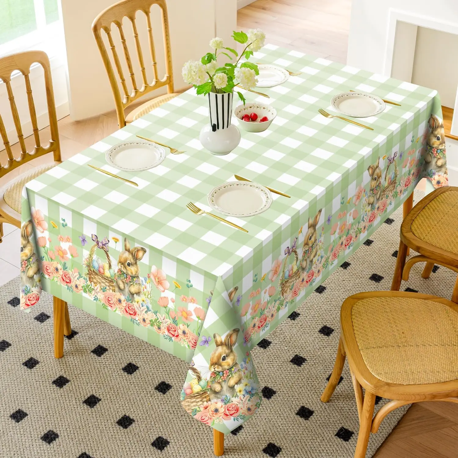 Spring Easter Flowers Bunny Eggs Buffalo Plaid Tablecloth Wedding Party Decor Reusable Waterproof Table Cloth Dining Table Decor