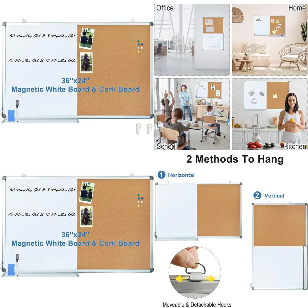 Quadro Branco Magnético e Quadro de Cortiça de Dupla Função, 36x24 Polegadas, Montado na Parede para Uso em Casa e Escritório