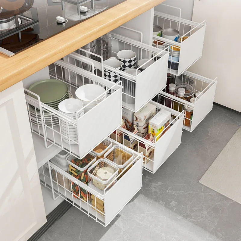 Kitchen Sink Bowl and Plate Storage Rack with Sliding Track To Separate The Tableware Storage Space with A Pull-out Basket