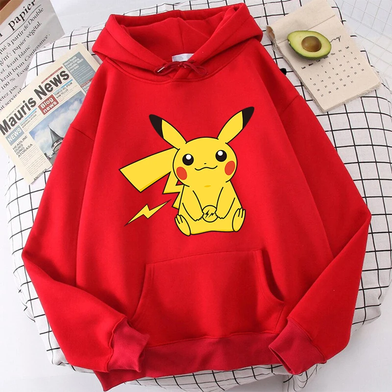 

Pikachu Print Women's Autumn and Winter Hoodie Plus Fleece Sweater Red Loose Top