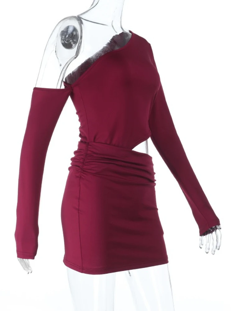 SsTss-Mini vestido ajustado de manga larga con hombros descubiertos para mujer, nuevo vestido liso con cuello Diagonal recortado en la cintura, vestido ajustado de una pieza para fiesta y discoteca