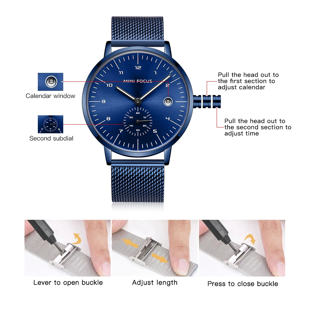 MINI FOCUS Fashion Business Mens Watches Top Brand Luxury Quartz Wristwatches Calendar Stainless Steel Strap Luxury Watches 0303