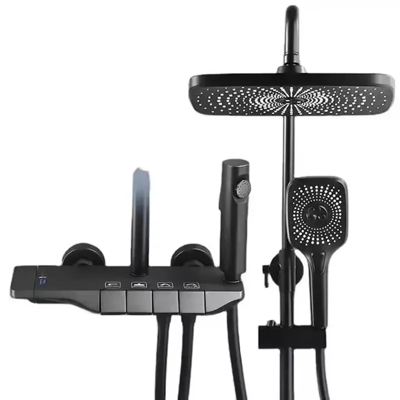 Cheap Gray Hot Cold Wall Mounted Bathroom Shower Faucet Rain Rainfall Bathtub Mixer Piano Black Square Shower System Set