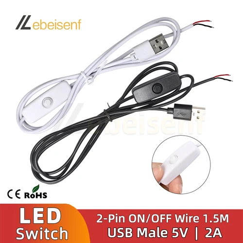 Imagen 1 del producto Nuevo Cable de alimentación de interruptor de 5V, Cable de conexión USB macho a 2 núcleos de 1,5 M, botón 501 ON OFF 2A para lámpara de tira LED, bombilla DIY
