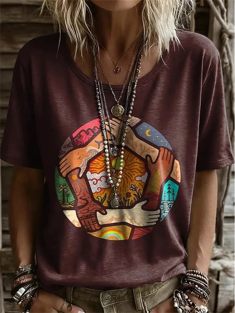 T-shirt décontracté pour femme à col rond avec imprimé « Paix et Unité » en forme de poignée de main, style rétro, manches courtes, ample et confortable.