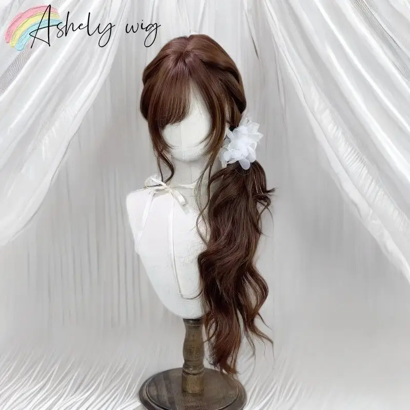 Peluca marrón con flequillo de 26 pulgadas, ondulada larga para mujer, estilo japonés, chocolate antiguo, rizada larga y suave 3