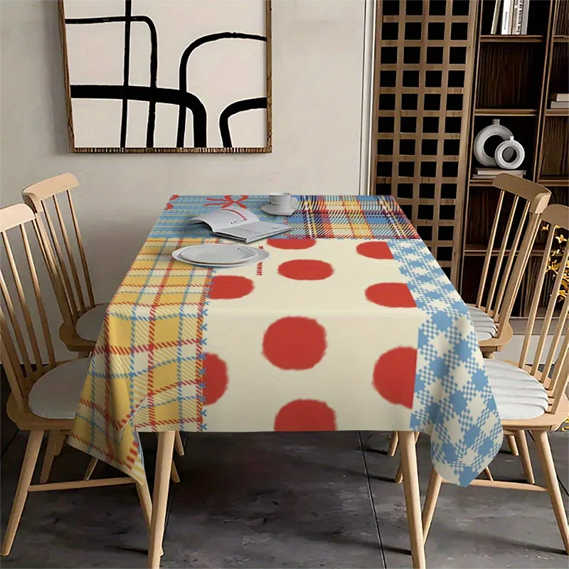 1pc Playful Pink Patterned Tablecloth - Sweet Checkered and Polka Dot Polyester Tablecloth