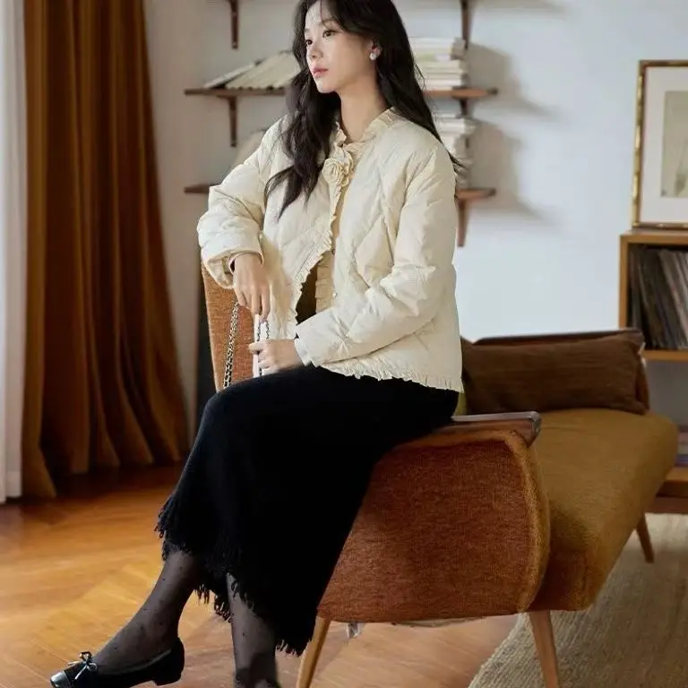 Piumino da donna in cotone Jaet ort Cappotto invernale vintage leggero e ampio Fiore 3D impreziosito in legno coreano Sle