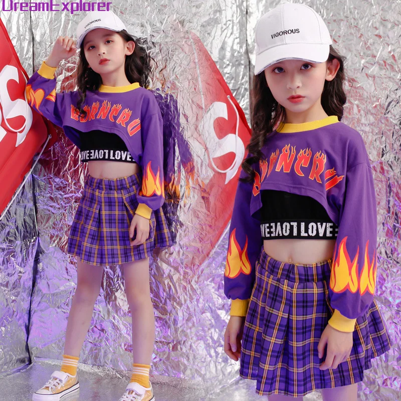 

Girls Hip Hop Crop Sweatshirt Plaid Mini Skirt Clothing Sets Kids Purple Outfit Child Jazz Street Dance Teen Costumes Streetwear