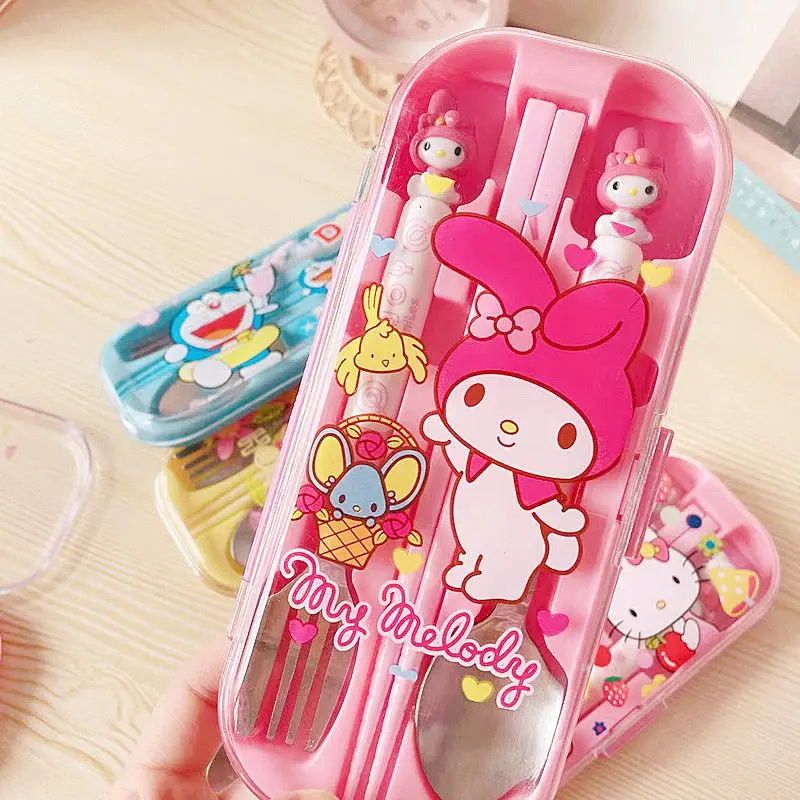 Cartoon Sanrio Kids Tableware Set Cute Portable Tableware Storage Box Student Purin Dog Chopsticks Spoon Fork Set