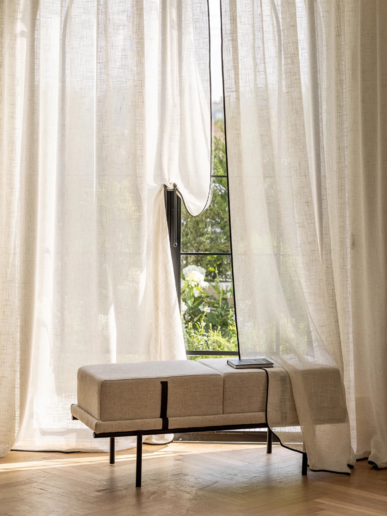 1pc light luxury cream-colored window screening  with black trim suitable for living room/bedroom bay window