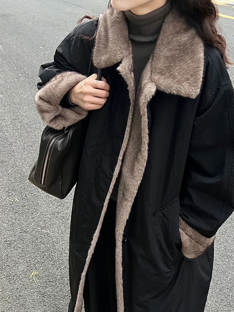เสื้อโค้ทกันหนาว YERMORA รุ่นใหม่สำหรับผู้หญิง สีดำ แต่งขนเฟอร์เทียม ปกเสื้อแบบขนเป็ดสีขาว แขนยาว ทรงหลวม หนา อินเทรนด์