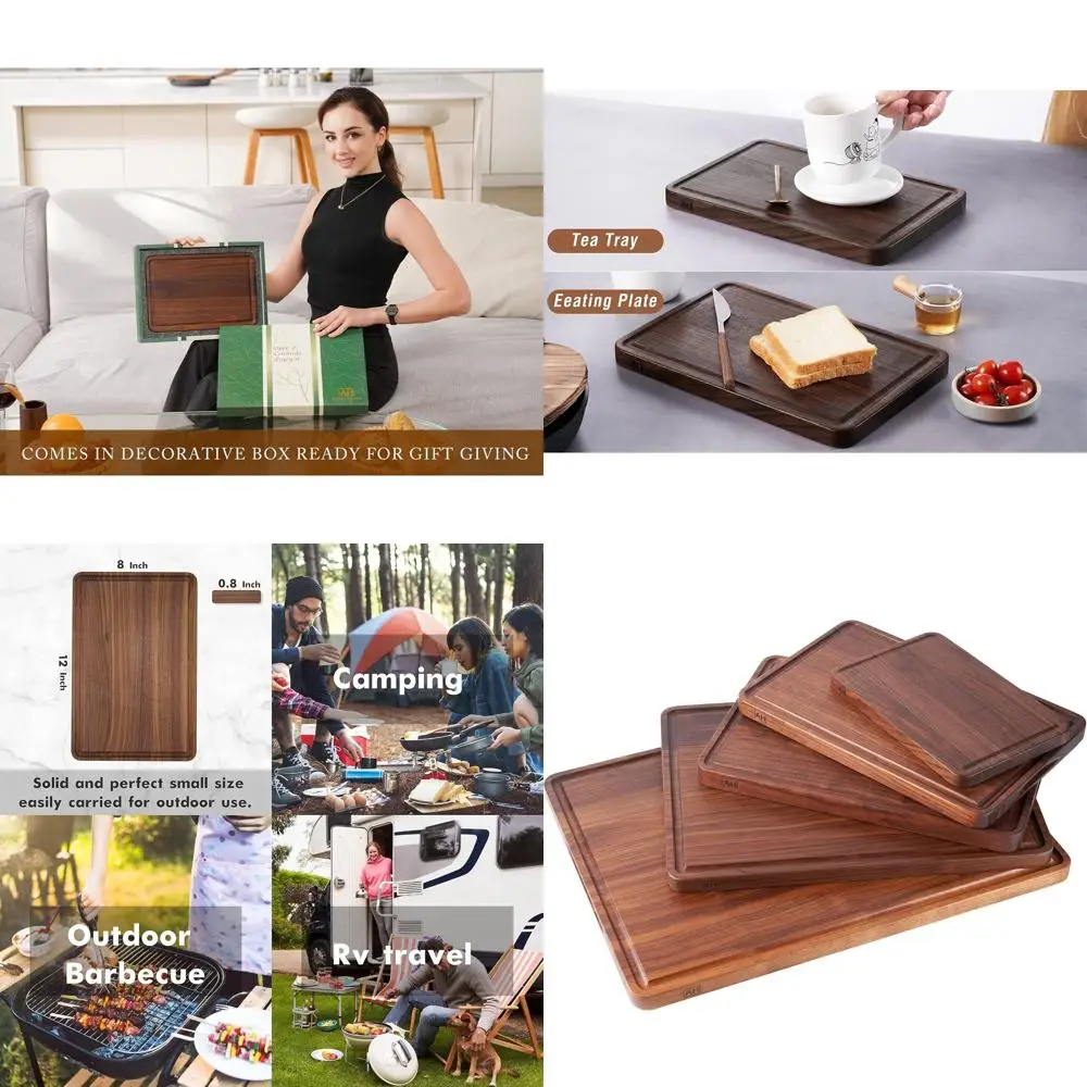 

12x8 Inch Walnut Chopping Board with Deep Groove and Side Handle, Thick Kitchen Butcher Block for Meat and Cheese, Ideal Gift fo