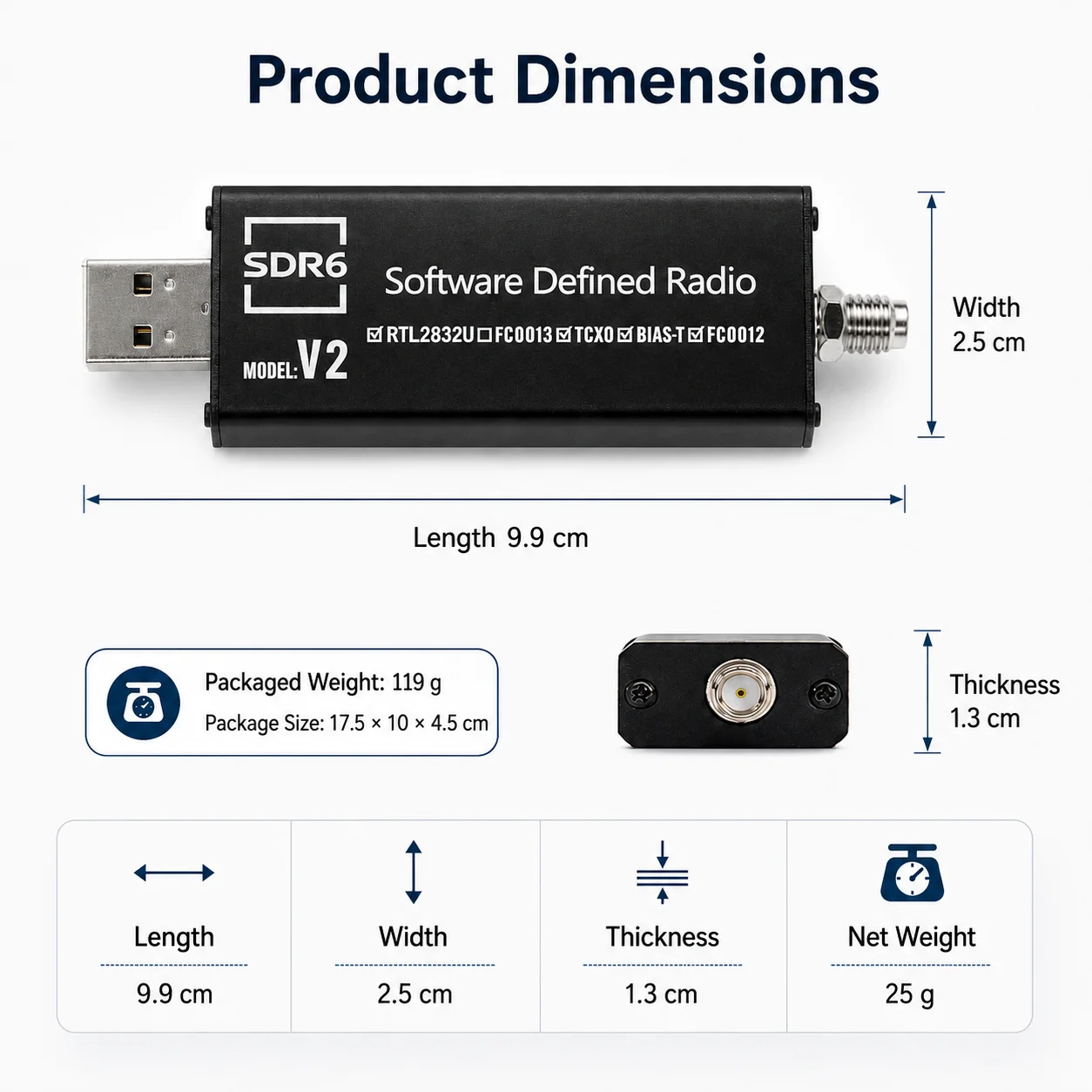 SDR6‑V2 Radio Receiver RTL2832U RTL‑SDR Software Defined Radio FC0012 / FC0013 Tuner 22‑1100MHz L‑band Input SDR Receiver