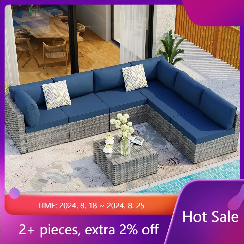 

7 Pieces Outdoor Patio Sectional Sofa Couch Camping Complete Outdoor Garden Lounge Set Poolside Backyard (Aegean Blue) Furniture